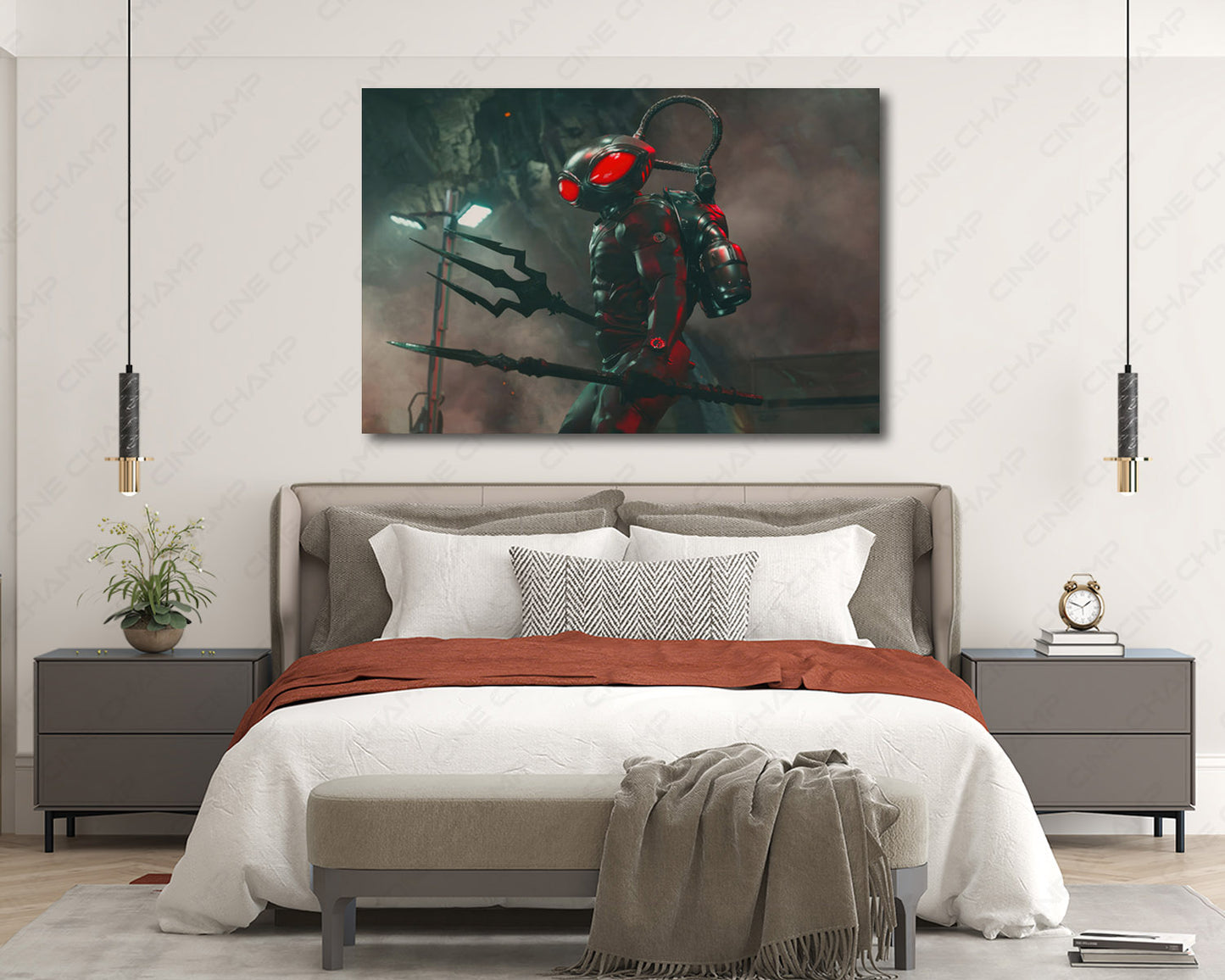 Aquaman and the Lost Kingdom Canvas Print Displayed in a Modern Bedroom Interior