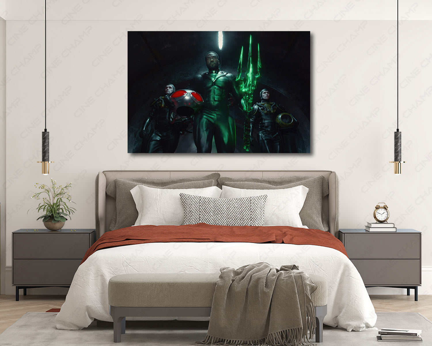 Black Manta Aquaman and the Lost Kingdom Canvas Print Above Bed in a Modern Bedroom
