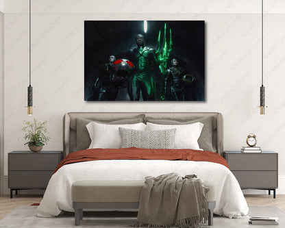 Black Manta Aquaman and the Lost Kingdom Canvas Print Above Bed in a Modern Bedroom