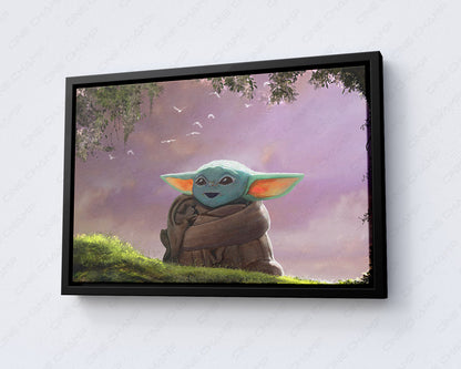 Baby Yoda The Child Star Wars inspired canvas wall art with black floating frame for contemporary decor