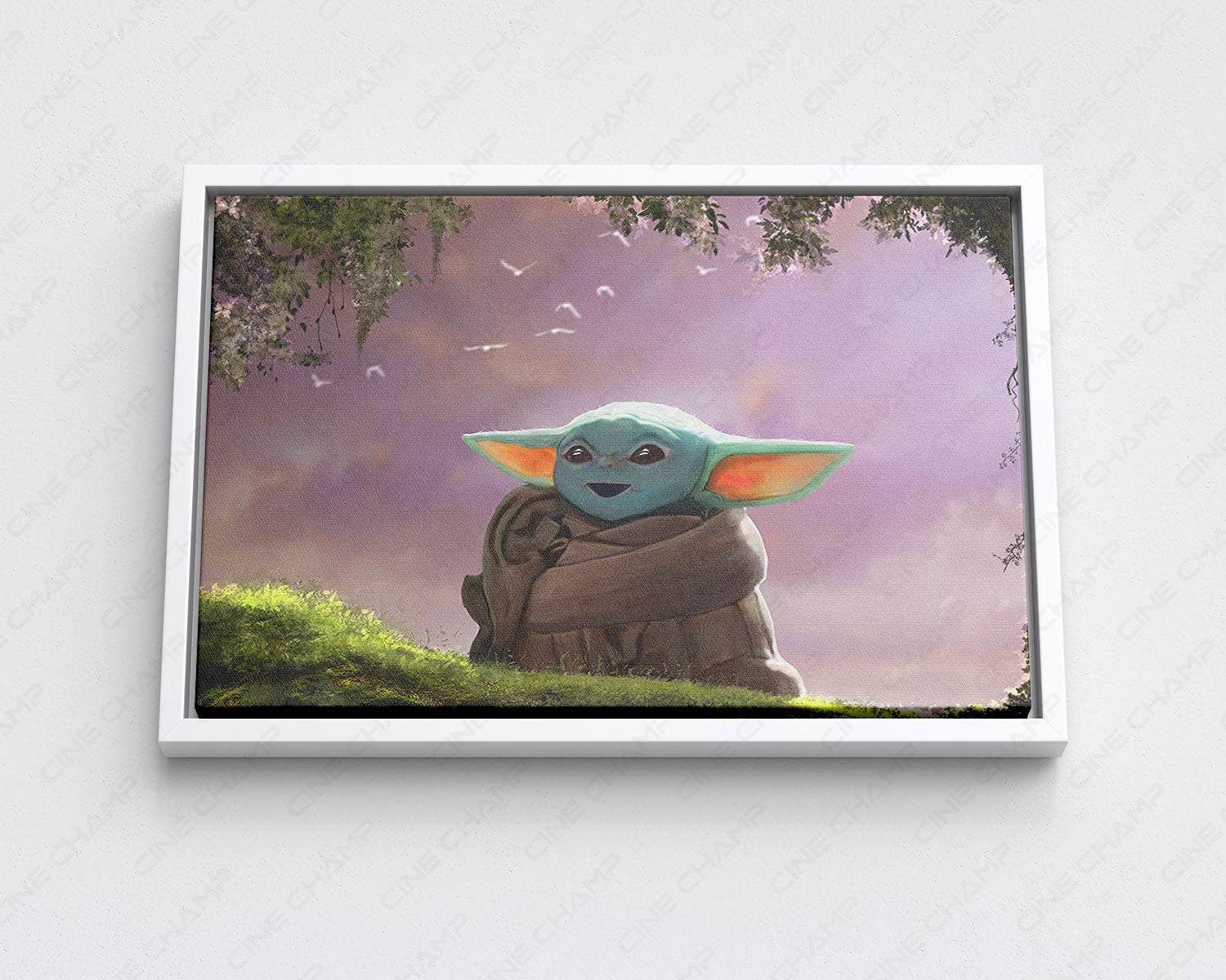 Baby Yoda The Child Star Wars inspired canvas wall art with white floating frame for stylish home decor