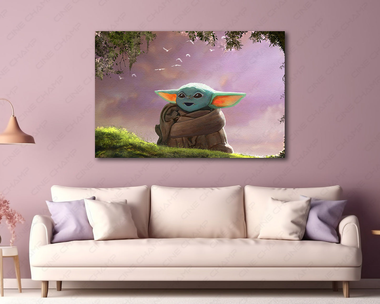 Baby Yoda The Child Star Wars inspired canvas wall art displayed in a modern living room setting
