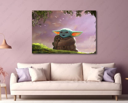 Baby Yoda The Child Star Wars inspired canvas wall art displayed in a modern living room setting