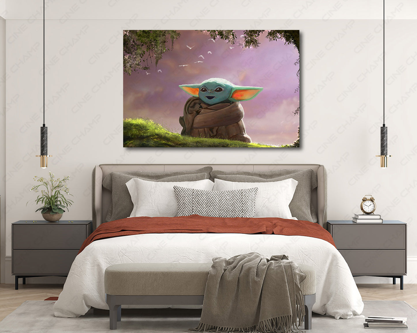 Baby Yoda The Child Star Wars inspired canvas wall art displayed in a modern bedroom interior