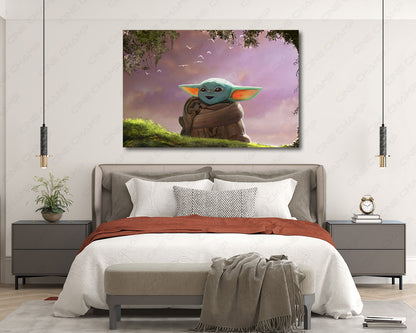 Baby Yoda The Child Star Wars inspired canvas wall art displayed in a modern bedroom interior
