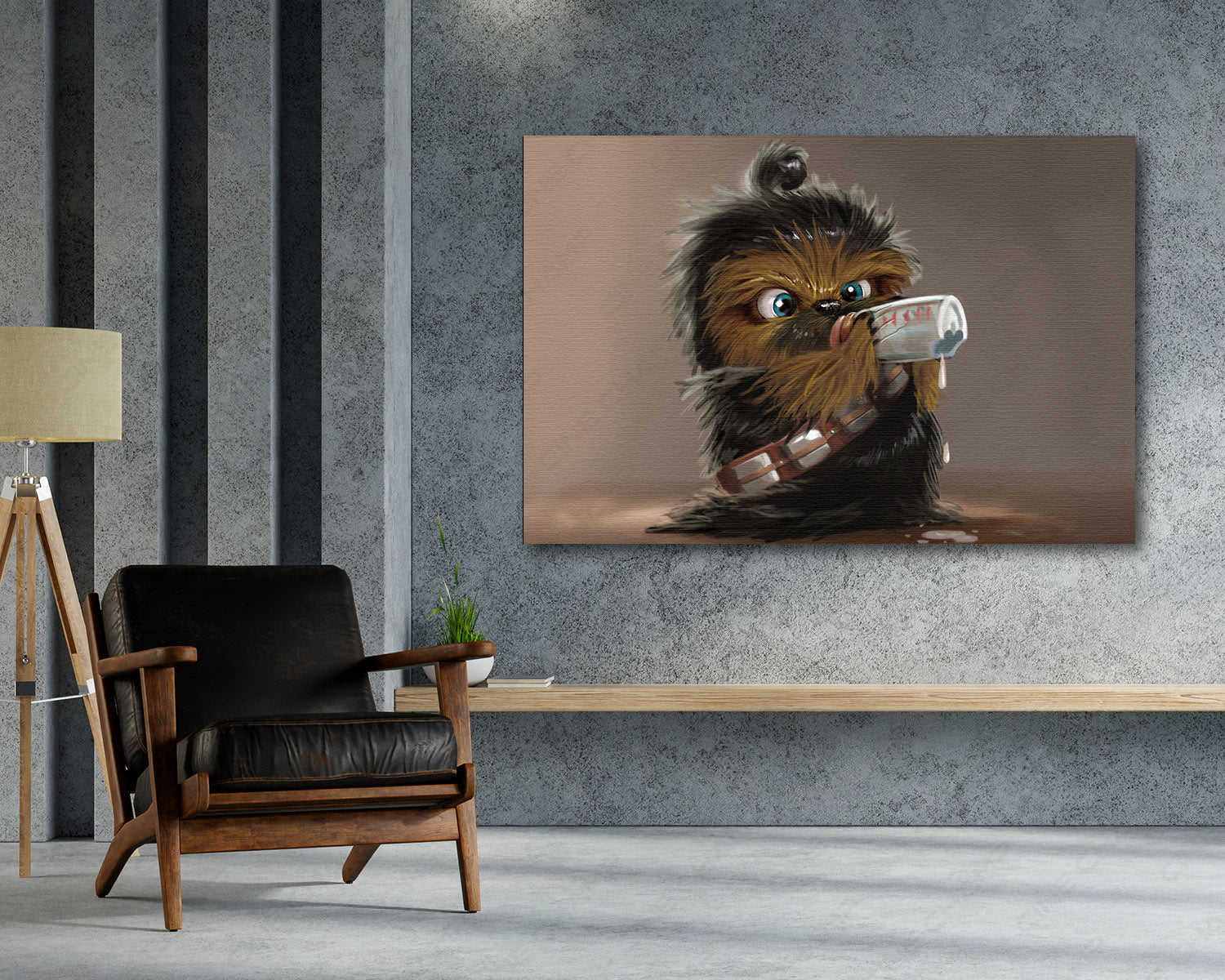 Baby Chewbacca Canvas Print Above Accent Chair in a Modern Kids Room or Entertainment Space