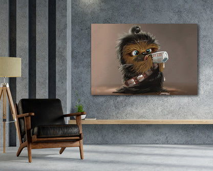 Baby Chewbacca Canvas Print Above Accent Chair in a Modern Kids Room or Entertainment Space