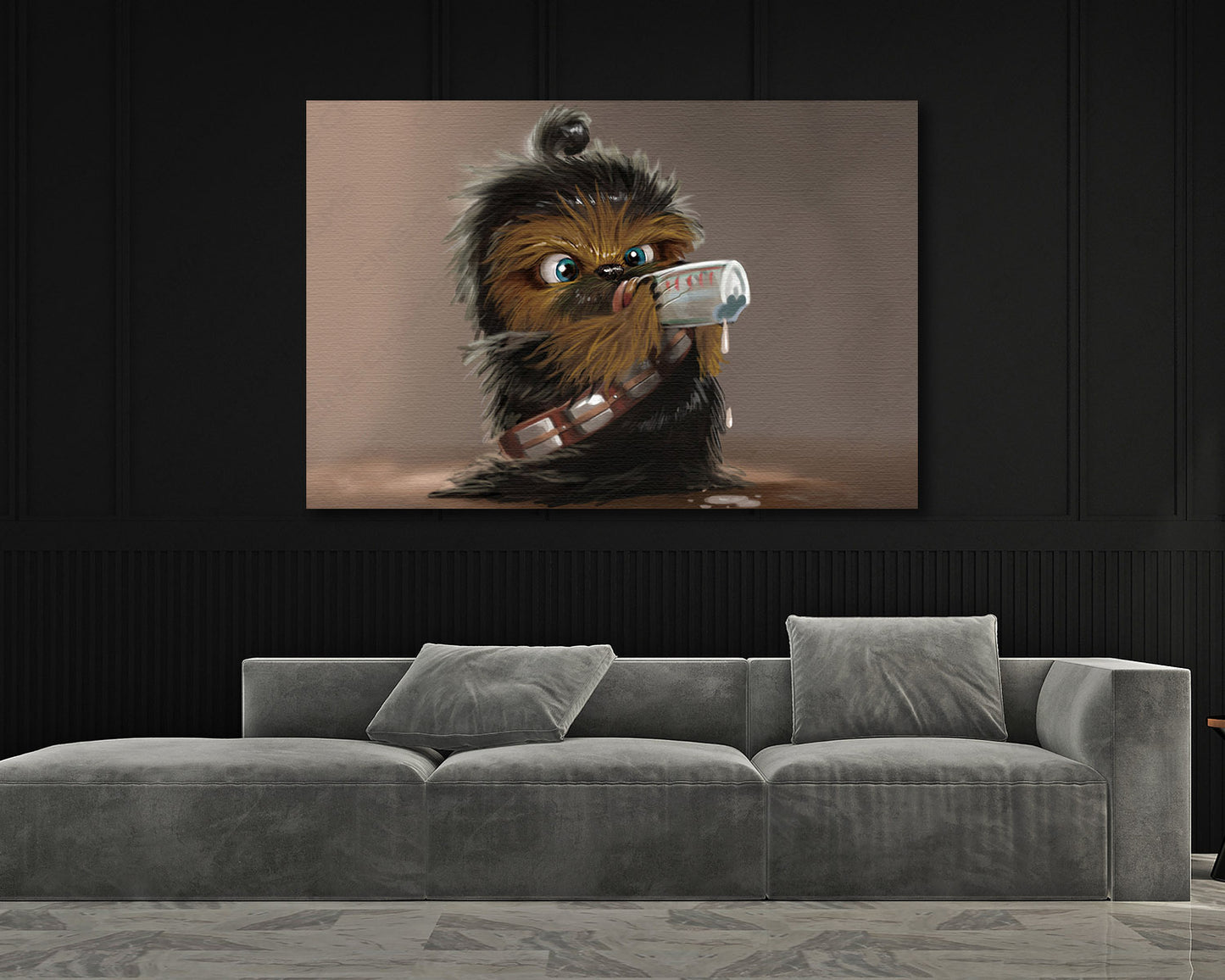 Baby Chewbacca Canvas Print Displayed in a Contemporary Living Room Interior