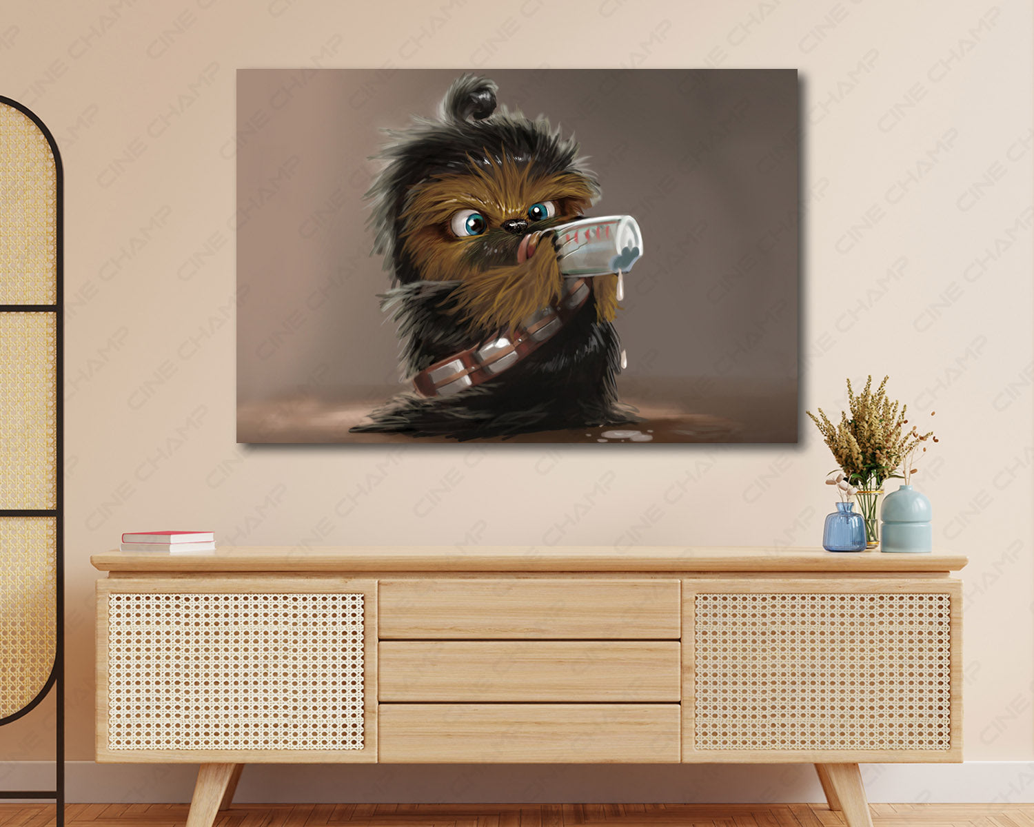 Baby Chewbacca Canvas Print Displayed on a Cabinet Wall in a Modern Interior