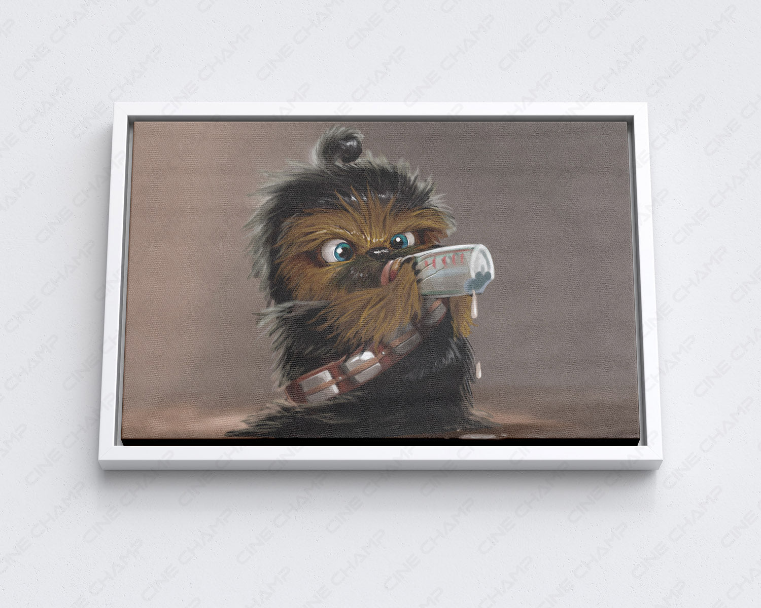 Baby Chewbacca Canvas Print with White Floating Frame for Stylish Star Wars-Themed Wall Decoration