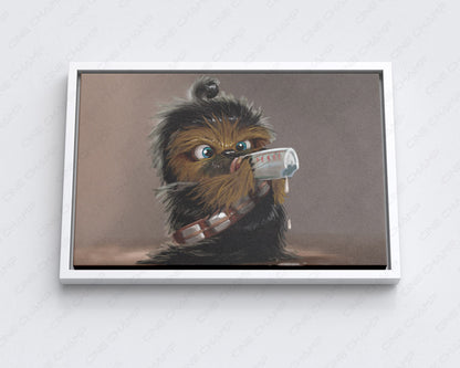 Baby Chewbacca Canvas Print with White Floating Frame for Stylish Star Wars-Themed Wall Decoration