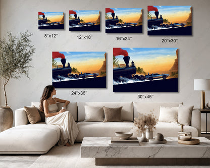 Back to the Future Part III inspired DeLorean and steam train canvas print available in multiple sizes