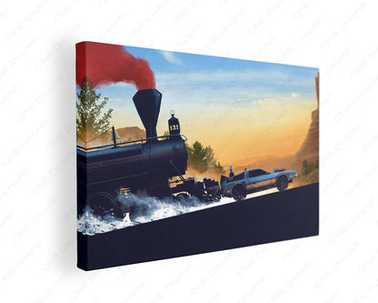 Back to the Future Part III inspired DeLorean and steam train canvas gallery wrap wall art for home theater decor