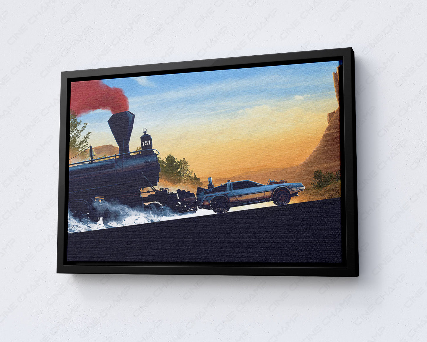 Back to the Future Part III inspired DeLorean and steam train wall art with black floating frame