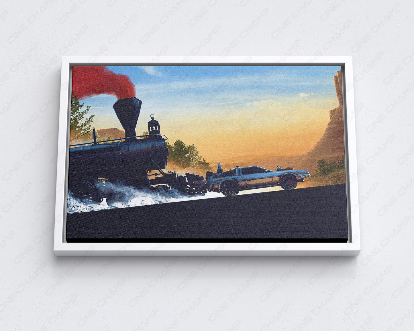 Back to the Future Part III inspired DeLorean and steam train wall art with white floating frame