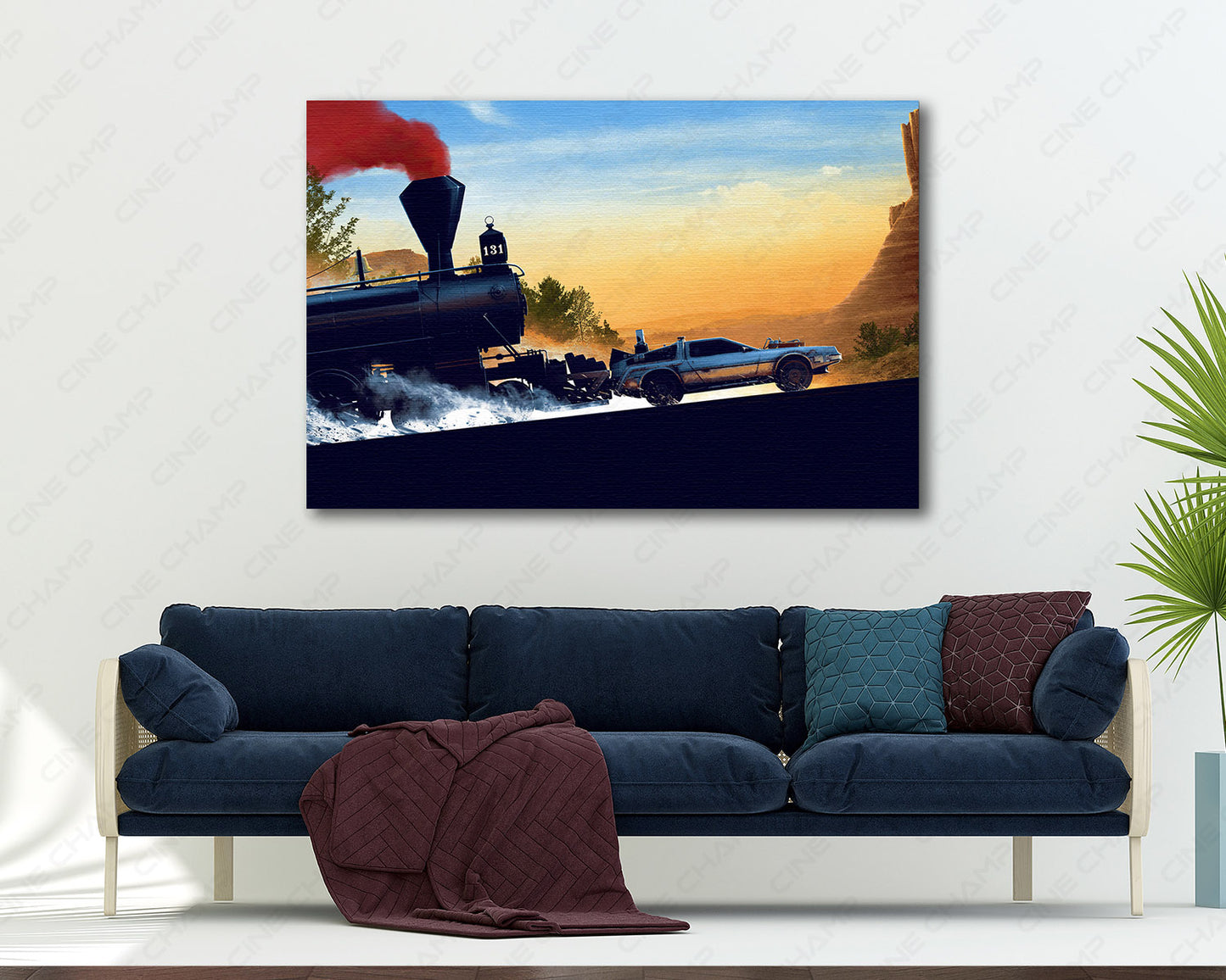 Back to the Future Part III inspired DeLorean and steam train canvas wall art displayed in a modern living room