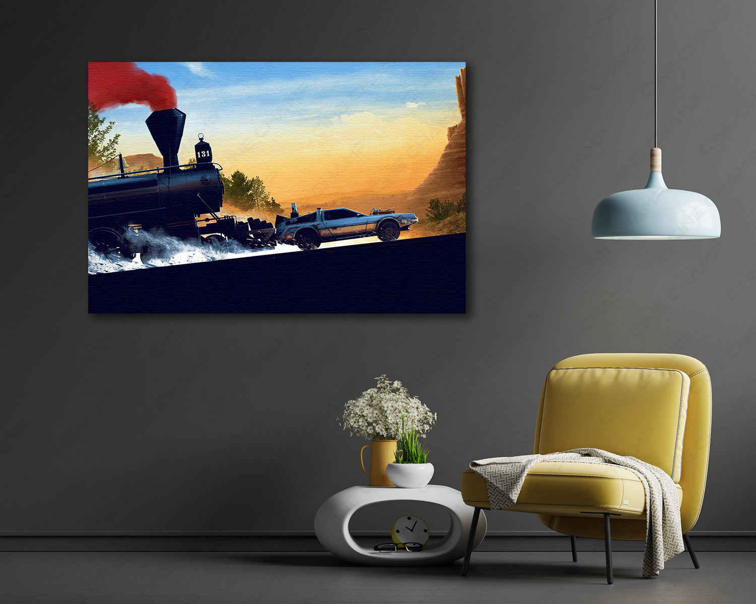 Back to the Future Part III inspired DeLorean and steam train canvas wall art displayed in a modern living room