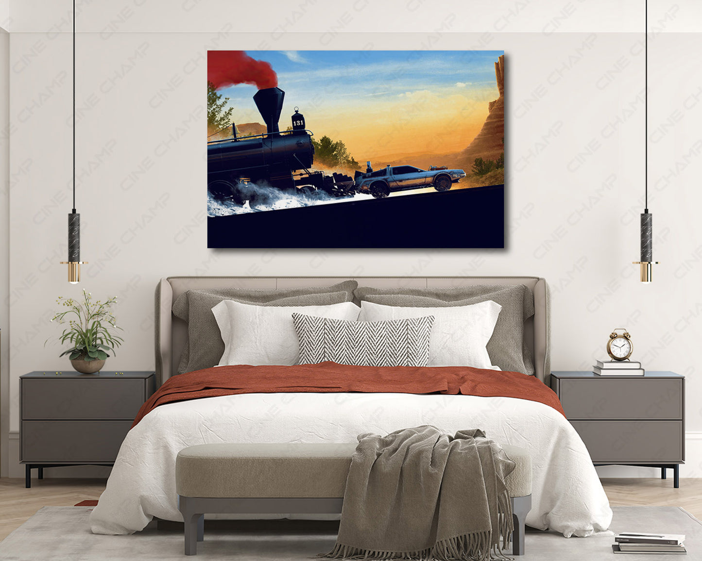 Back to the Future Part III inspired DeLorean and steam train canvas wall art displayed in a modern bedroom