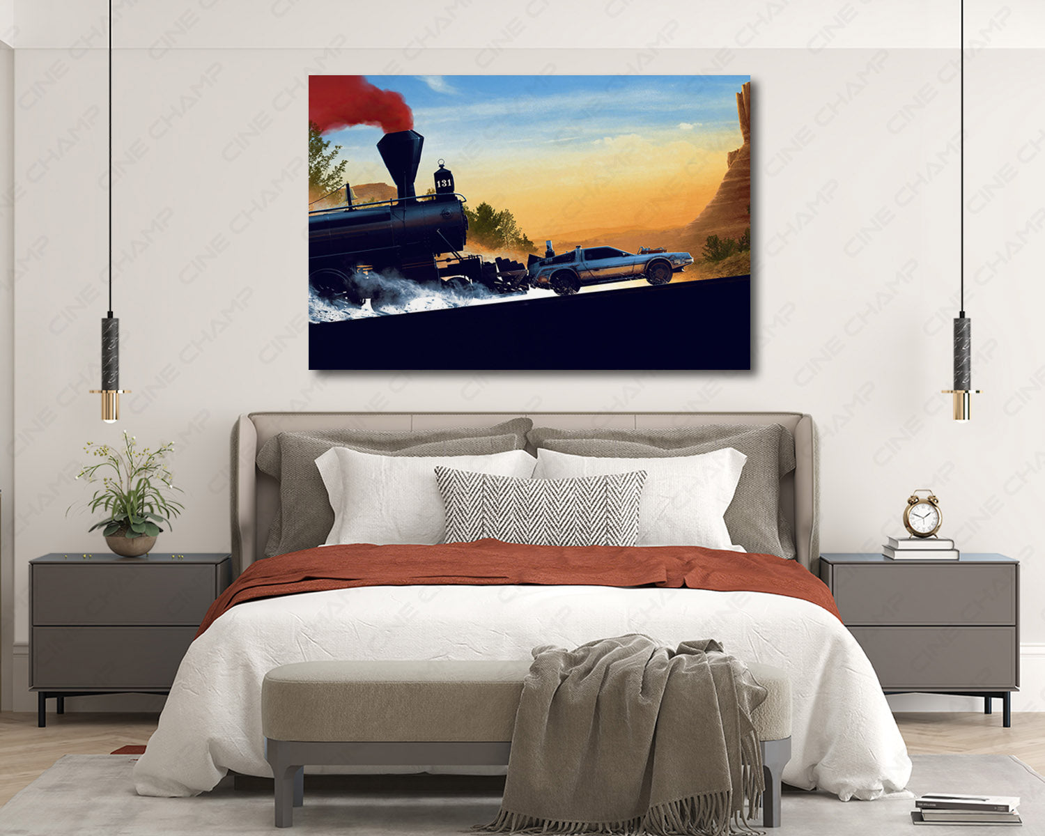 Back to the Future Part III inspired DeLorean and steam train canvas wall art displayed in a modern bedroom