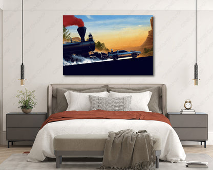 Back to the Future Part III inspired DeLorean and steam train canvas wall art displayed in a modern bedroom