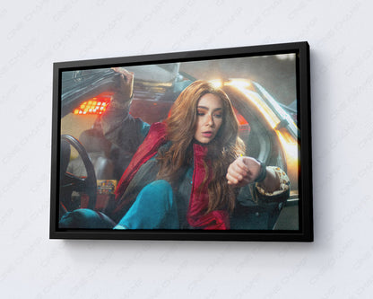 Back to the Future inspired canvas wall art with black floating frame for contemporary interior decor