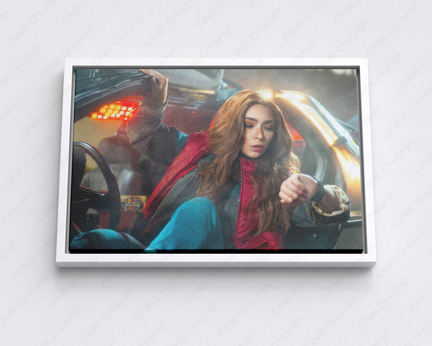 Back to the Future inspired canvas wall art with white floating frame for stylish home decor