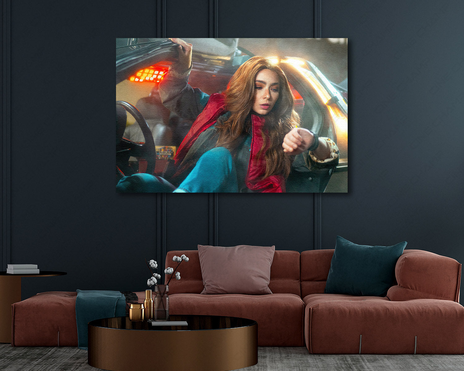 Back to the Future inspired canvas wall art displayed in a modern living room setting