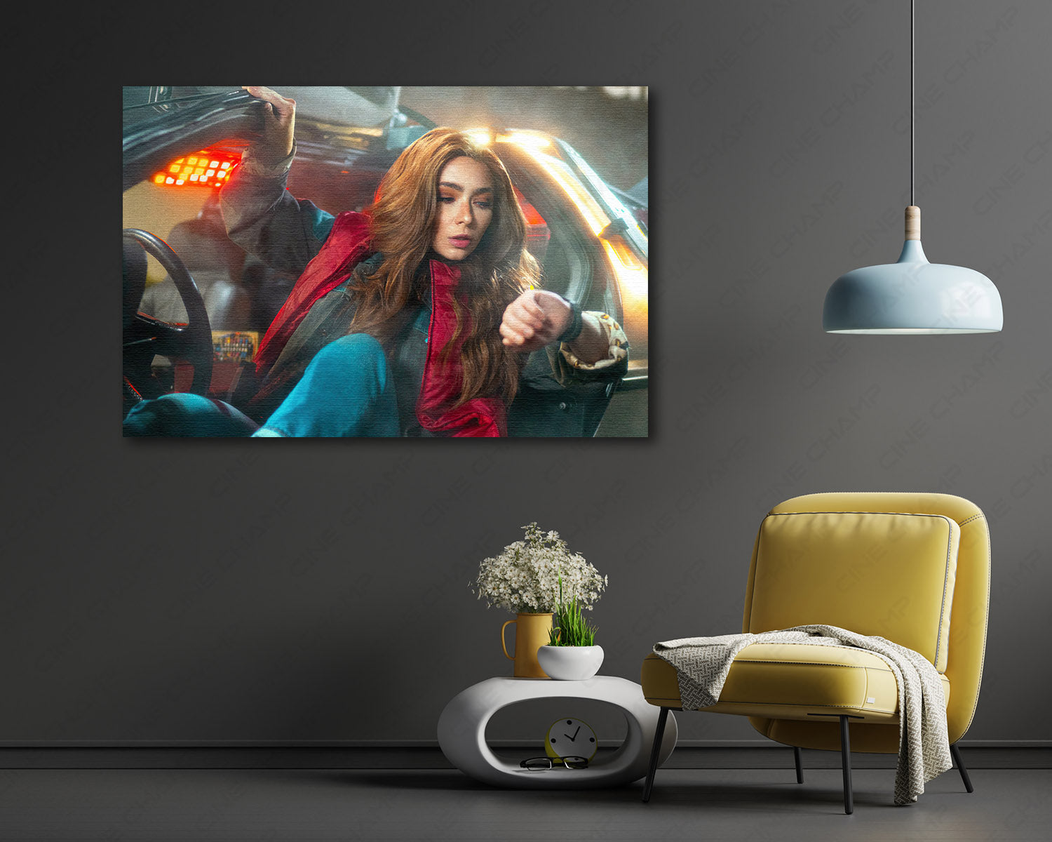Back to the Future inspired canvas wall art displayed in a modern living room setting