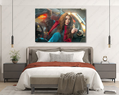 Back to the Future inspired canvas wall art displayed in a modern bedroom interior