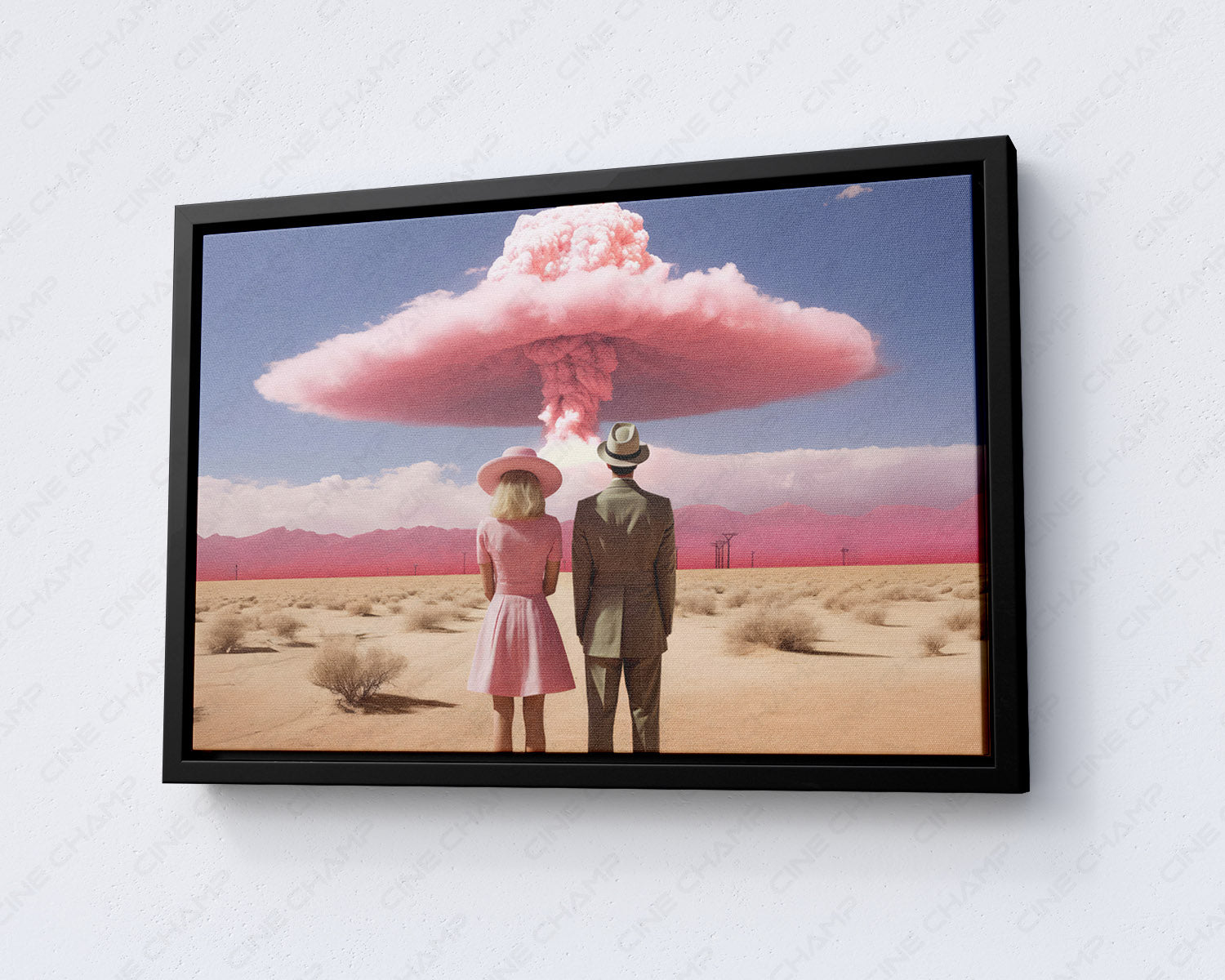 Barbenheimer inspired canvas wall art with black floating frame for contemporary interior decor