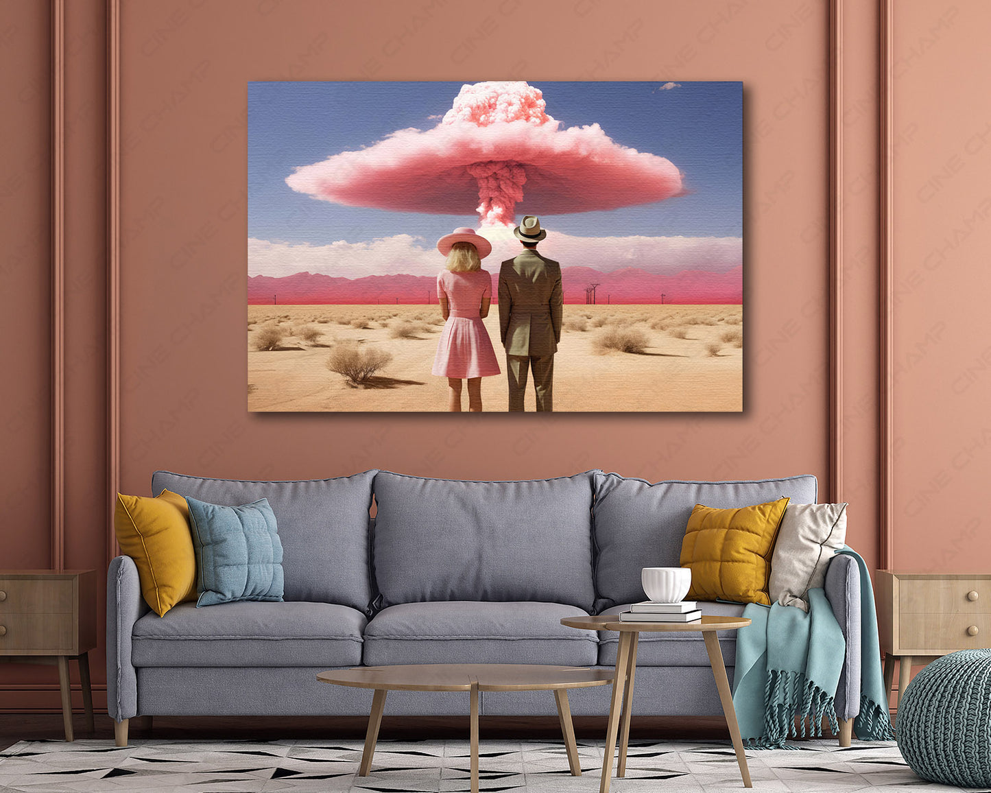 Barbenheimer inspired canvas wall art displayed in a modern living room setting