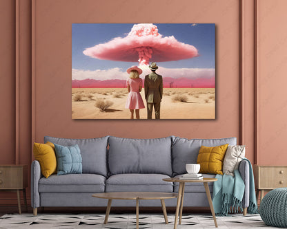 Barbenheimer inspired canvas wall art displayed in a modern living room setting