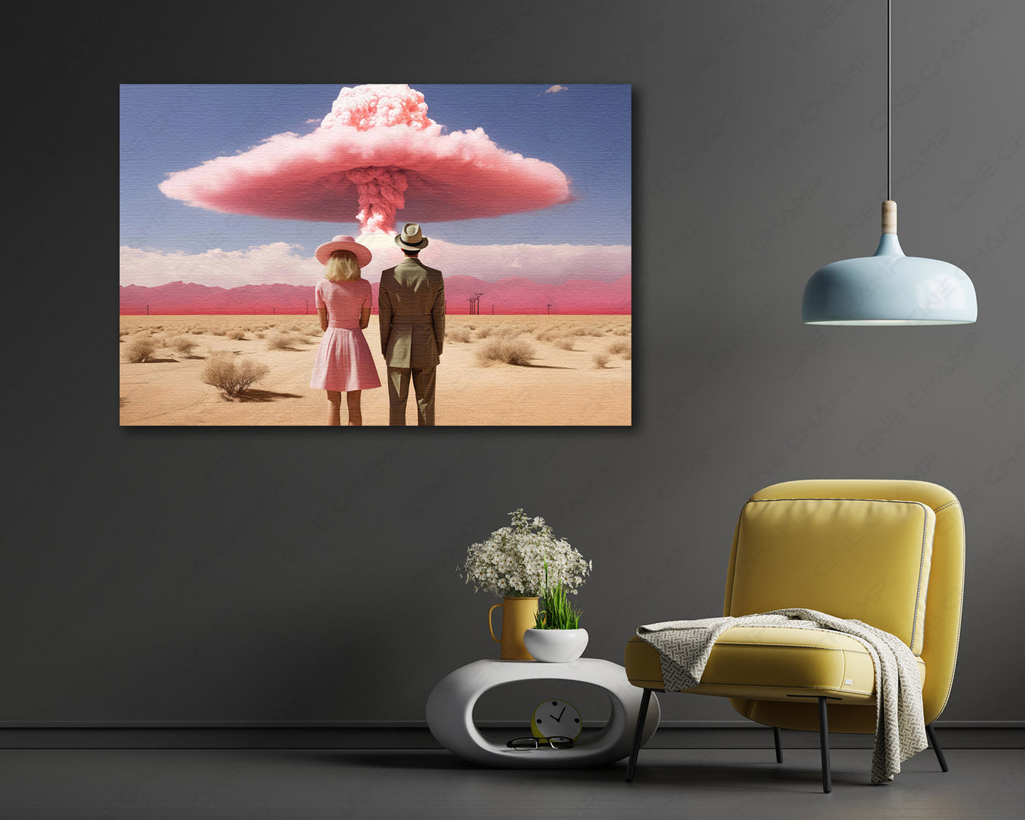 Barbenheimer inspired canvas wall art displayed in a modern living room setting