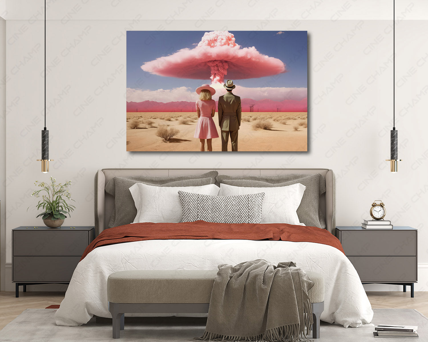 Barbenheimer inspired canvas wall art displayed in a modern bedroom interior