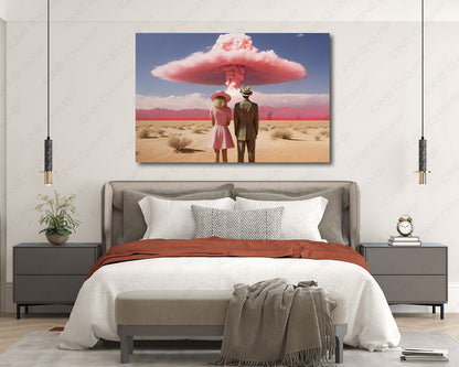 Barbenheimer inspired canvas wall art displayed in a modern bedroom interior