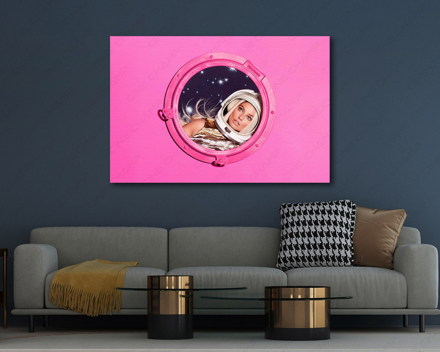 Barbie inspired canvas wall art displayed in a modern living room setting