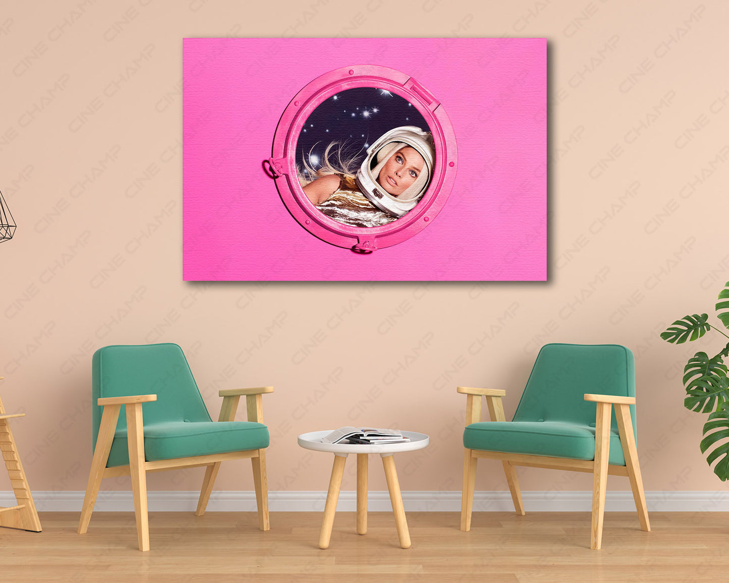 Barbie inspired canvas wall art displayed in a modern living room setting