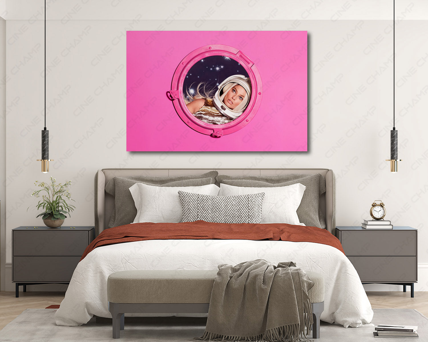 Barbie inspired canvas wall art displayed in a modern bedroom interior