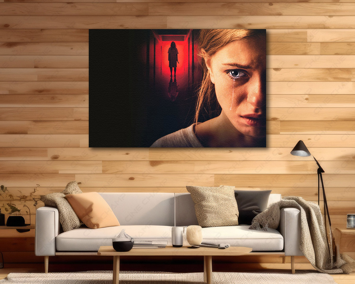 Behind You inspired movie wall art showcased in a contemporary living room interior