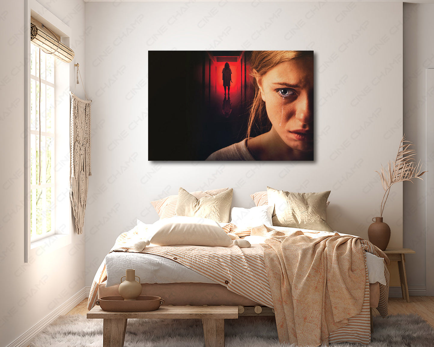 Behind You inspired canvas wall art displayed in a modern bedroom interior