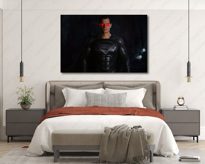 Black Suit Superman Red Glowing Eyes Canvas Print Above Bed in Modern Bedroom Decor