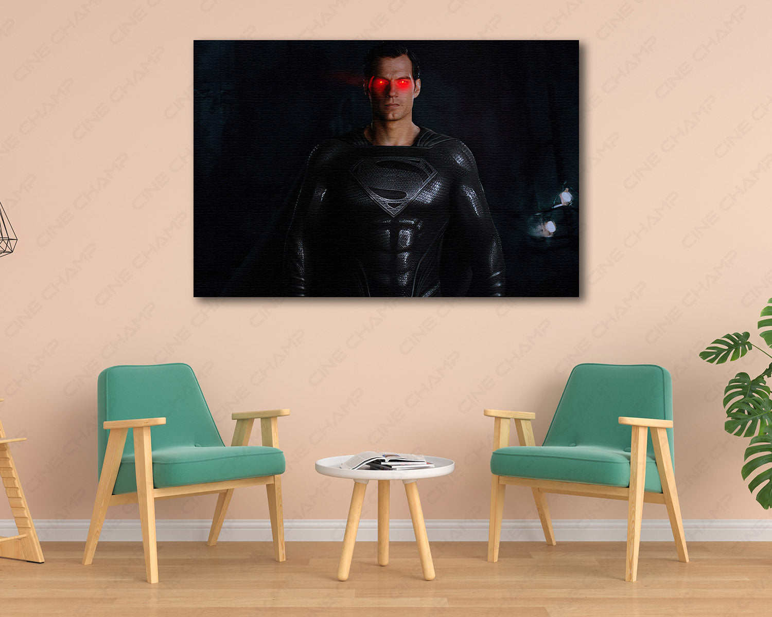 Black Suit Superman Red Glowing Eyes Canvas Print Displayed in a Modern Living Room