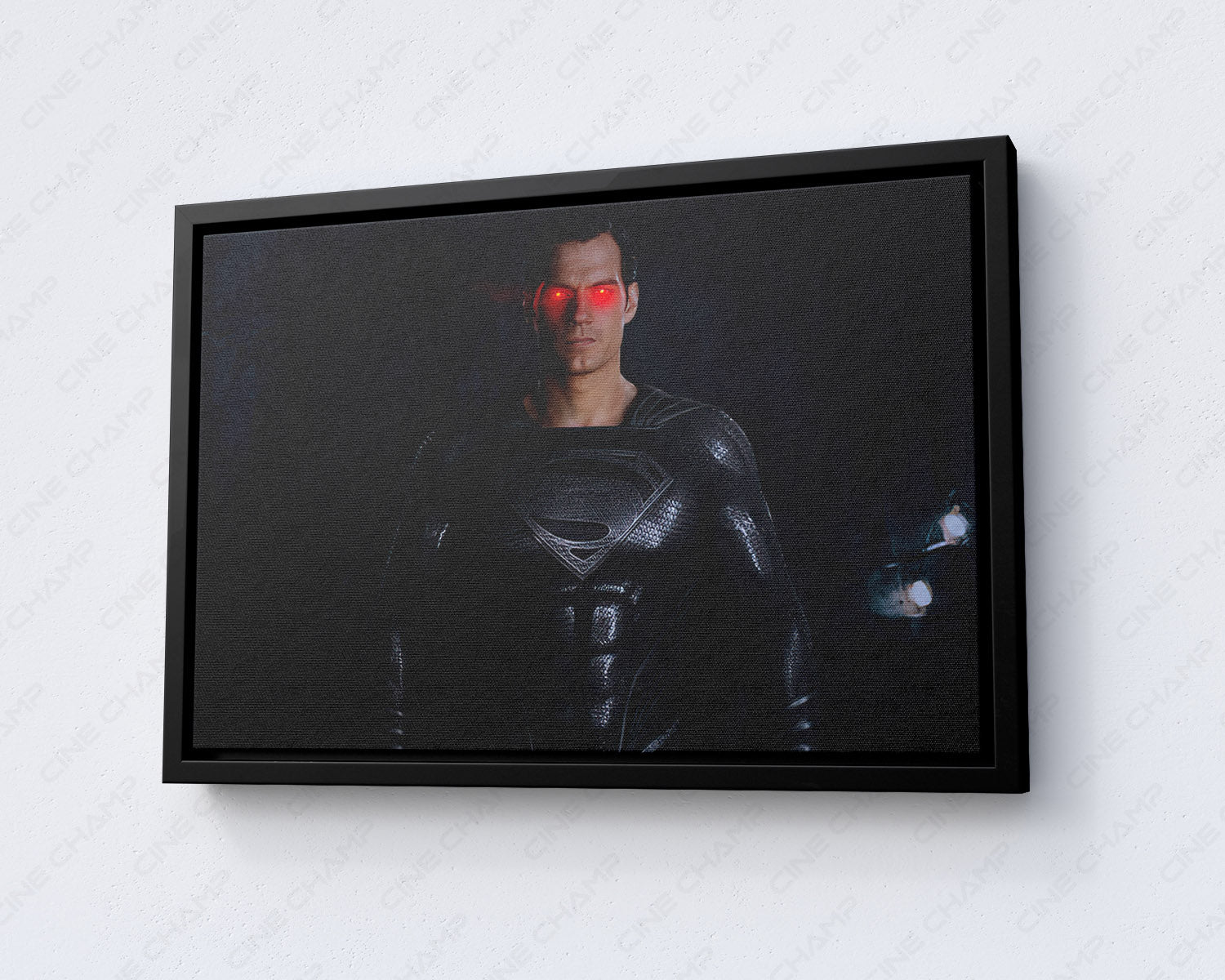 Black Suit Superman Red Glowing Eyes Canvas Print with Black Floating Frame