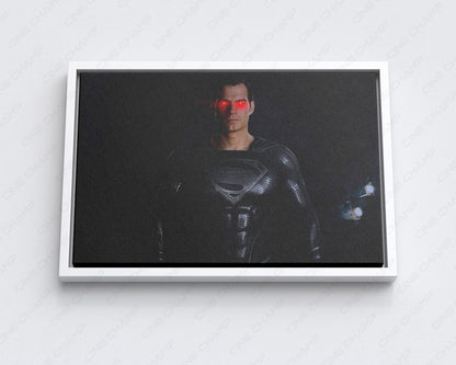 Black Suit Superman Red Glowing Eyes Canvas Print with White Floating Frame
