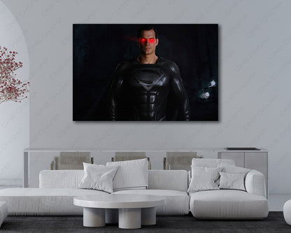 Black Suit Superman Red Glowing Eyes Canvas Wall Art in a Luxury Living Room Interior