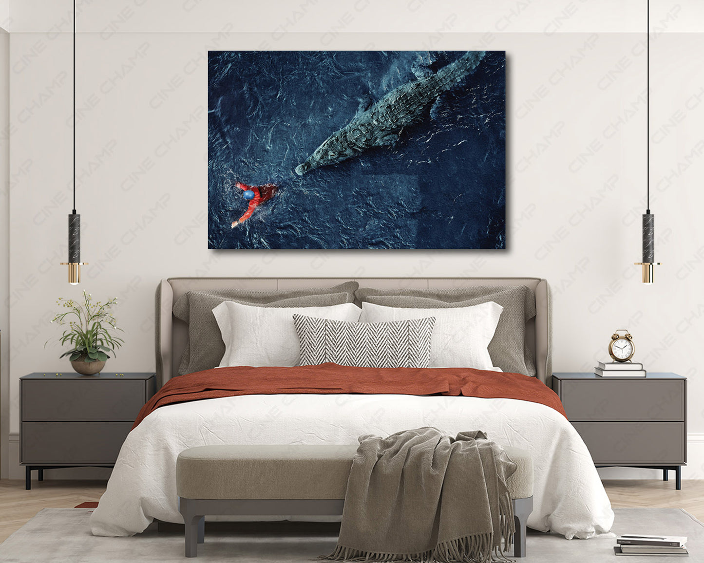 Black Water Abyss Canvas Print Above Bed in Modern Bedroom Decor