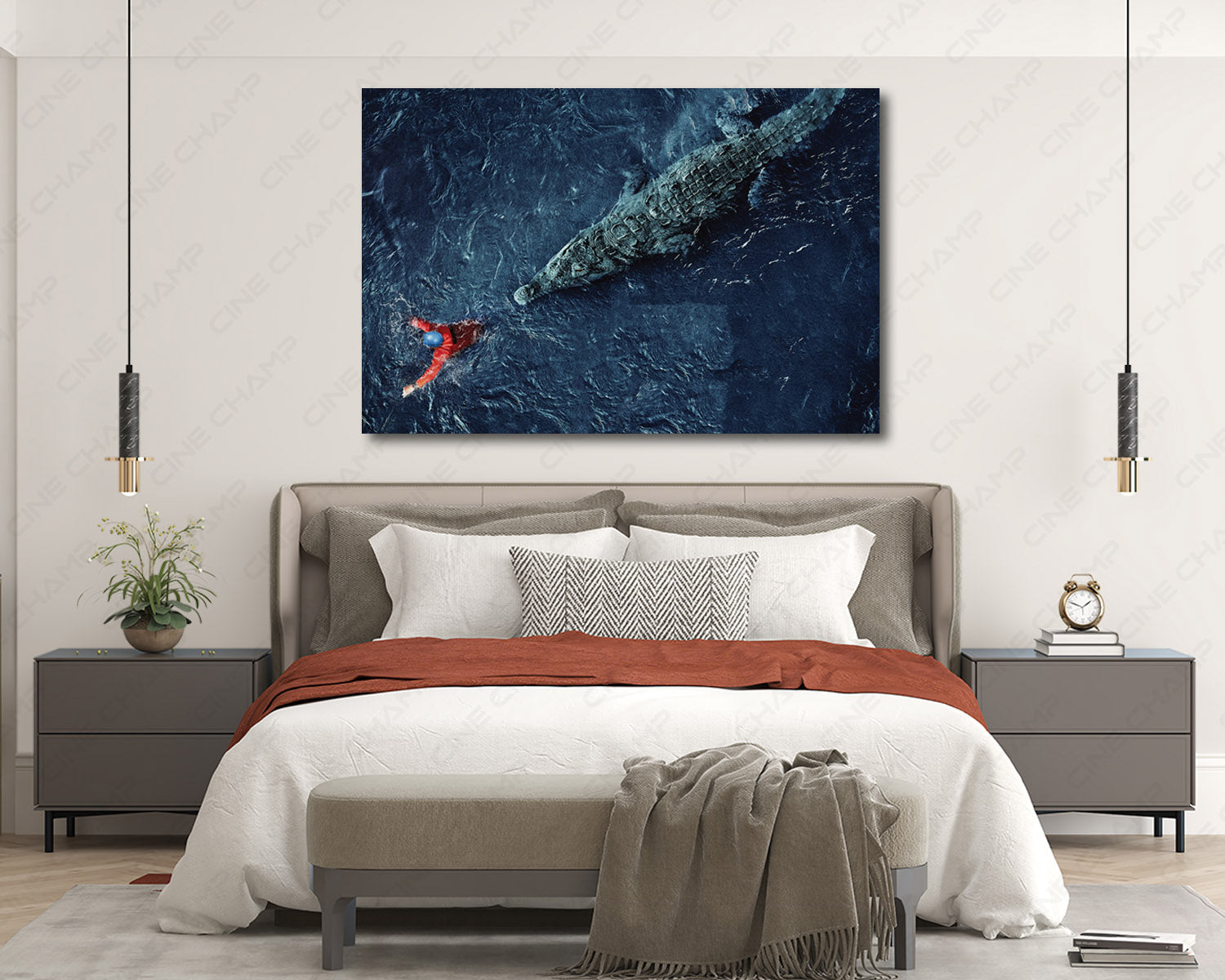 Black Water Abyss Canvas Print Above Bed in Modern Bedroom Decor