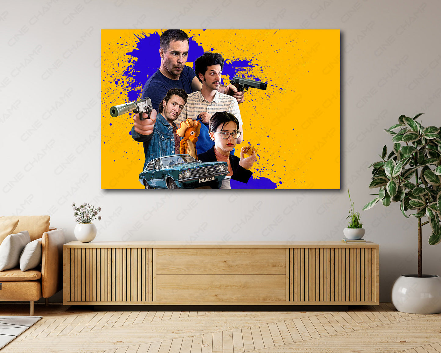 Blue Iguana Canvas Wall Art Hanging Above Cabinet in Modern Home Interior
