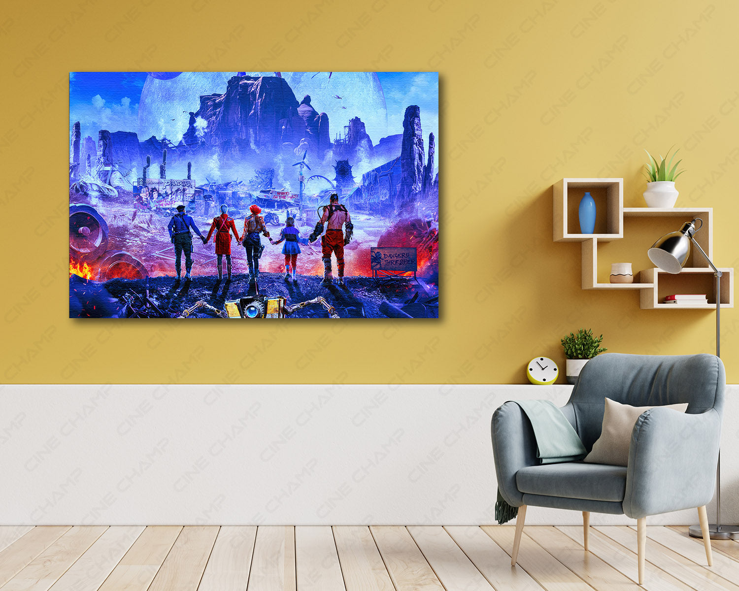 Borderlands Canvas Print Above Accent Chair in a Contemporary Entertainment Room