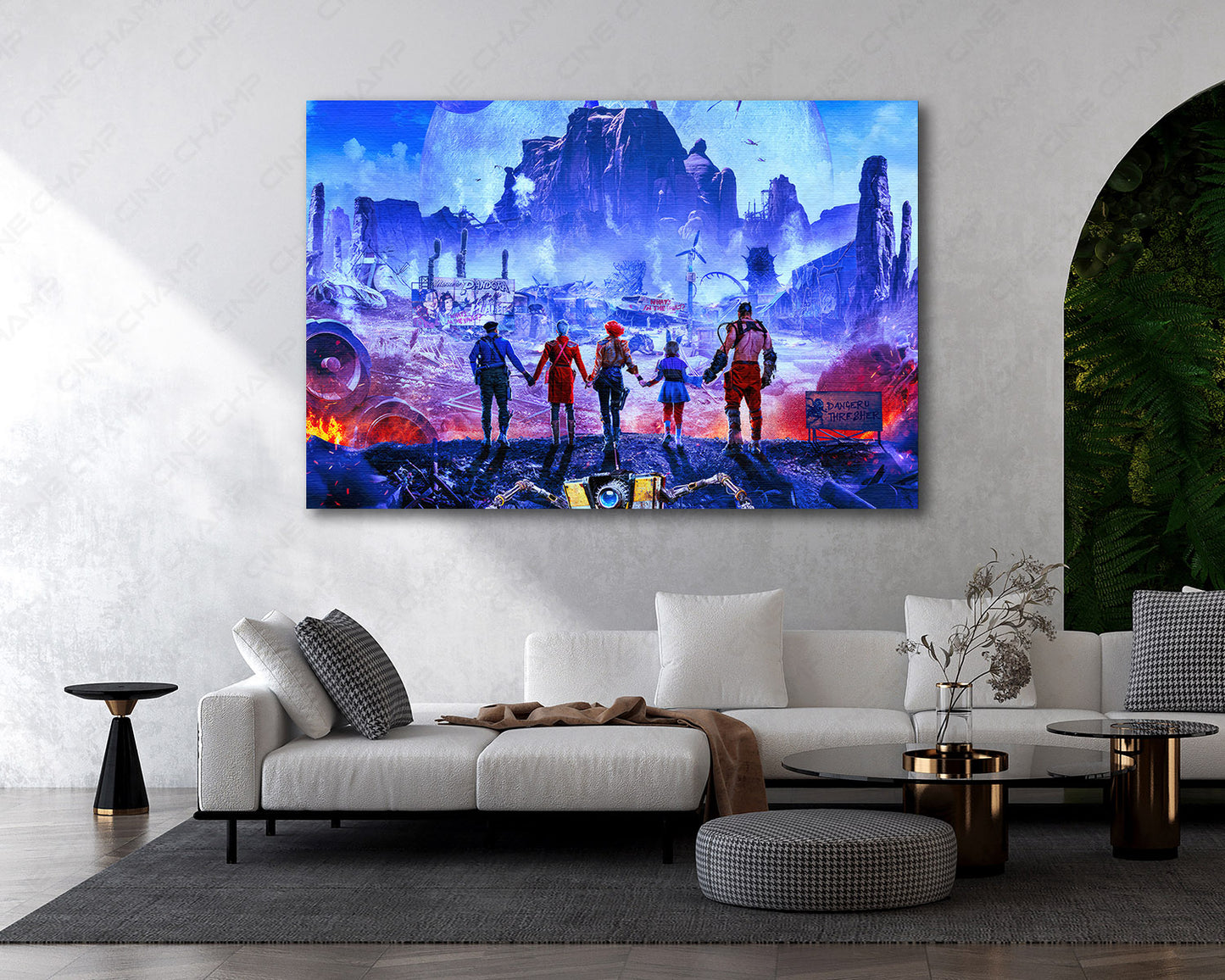 Borderlands Canvas Print Displayed in a Modern Living Room with Sci-Fi Action Movie Art